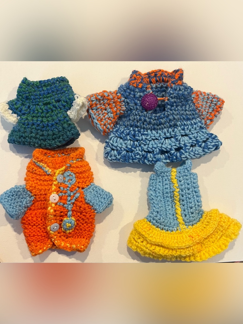 Handmade Crochet Mini Doll Outfit Lot of 4 Colorful Dresses & Coat New